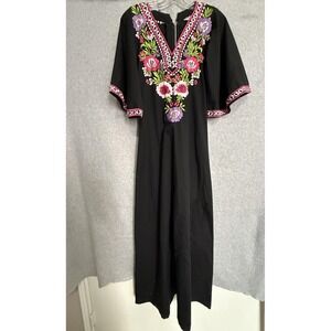 Vtg Caro Of Honolulu Dress‎ Womens 10 Black Floral Embroidered Kaftan Maxi 70s